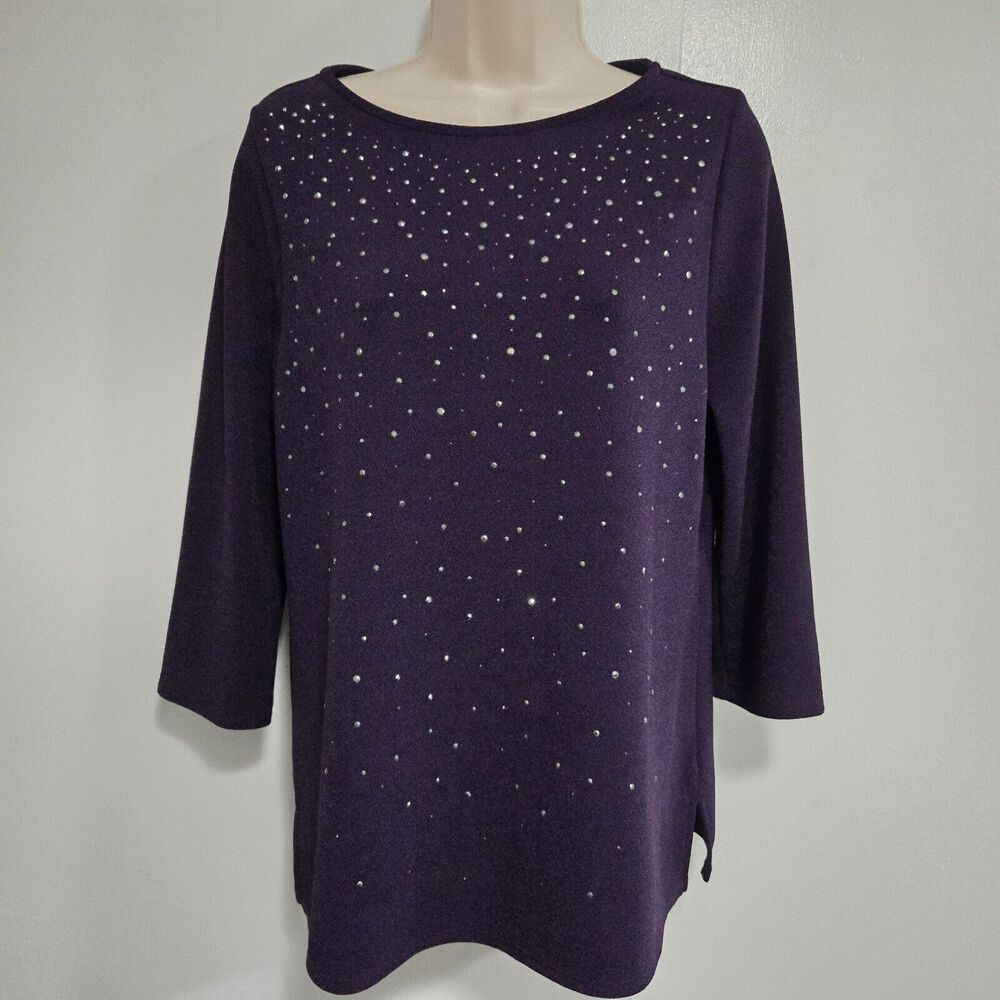 Easywear by Chico's Size 0 (S) Purple Poly Blend Embellished 3/4 Sleeve Pullover